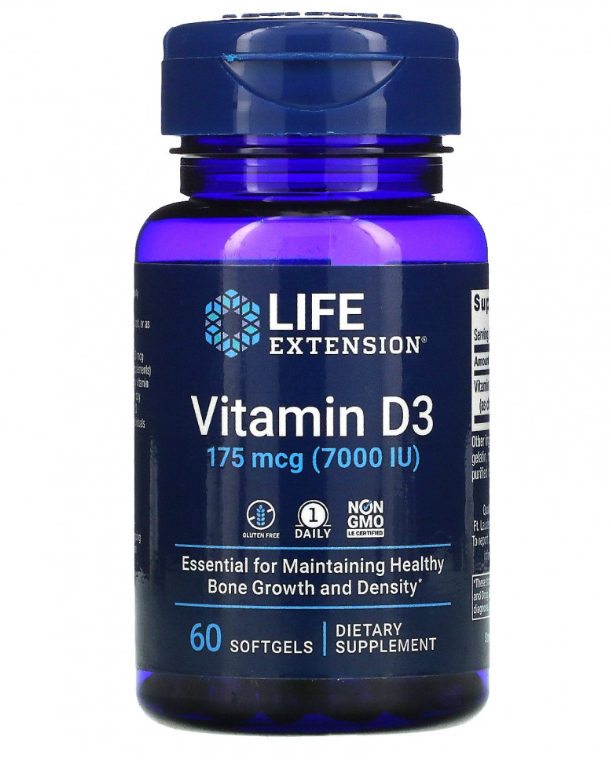 Life Extension, Витамин D3, 175 мкг (7000 МЕ), 60 мягких желатиновых капсул