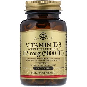 Solgar, Витамин D3 (холекальциферол), 125 мкг (5000 МЕ), 100 капсул