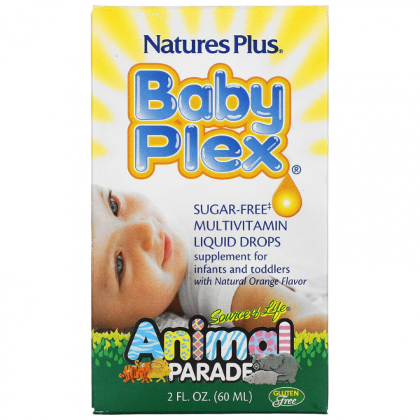 Animal Parade Baby Plex, жидкие мультивитаминные капли без сахара с натуральным вкусом апельсина  60 мл