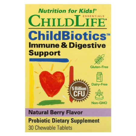 ChildLife ChildBiotics, поддержка иммунитета и пищеварения, натуральный ягодный вкус, 5 млрд КОЕ, 30 жевательных таблеток